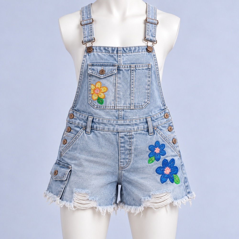 Floral Embroidered Denim Shortalls Women Small Blue Frayed Hem Bib